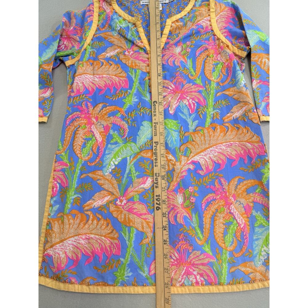 Gretchen Scott Womens XS Blue Orange Pink Tropical Floral Bead V-Neck Tunic Top - Picture 2 of 10